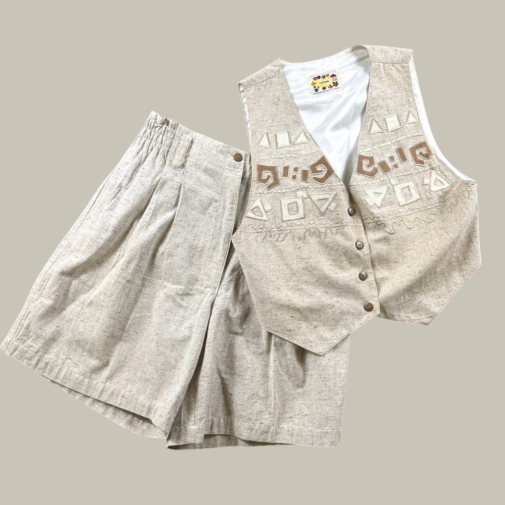 Vintage Catalog Short Set Women L Beige Embroidered Vest High Waist Pleated Boho